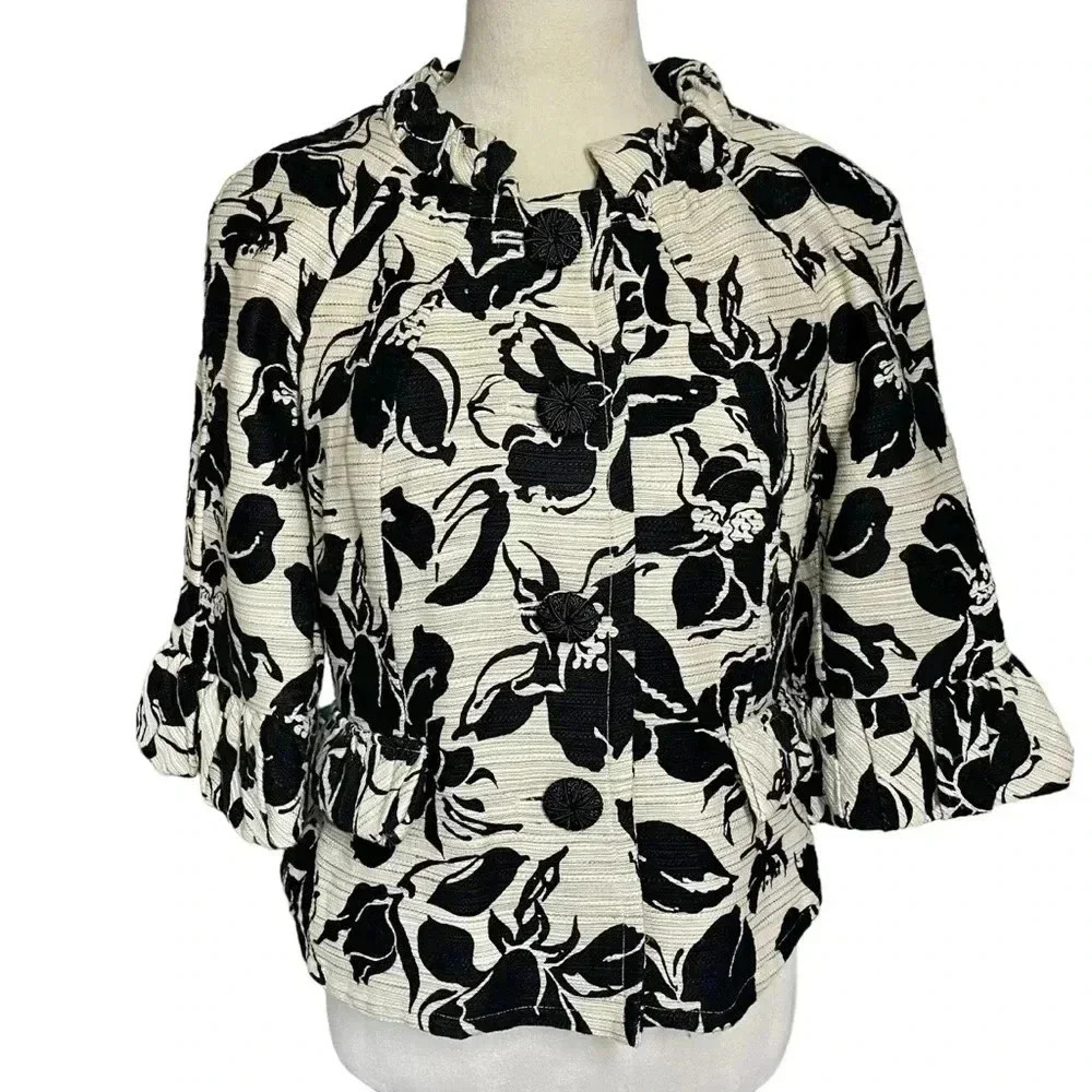 ICE Linen Cotton Blend Blazer Women Size 10 Floral Lightweight Preppy Cropped
